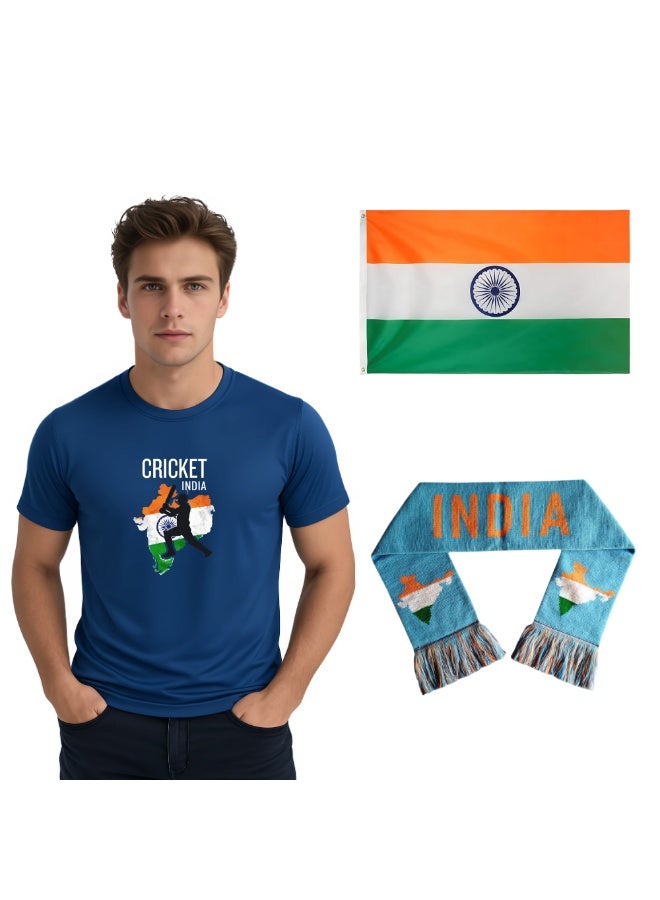 PRINTSHOP4ME India Jersey Mens T-Shirt,Scarf&Large Flag(90cm x 150cm)Combo-Cheer For India With This Stylish Combo For Matches,Events Or Celebrations - Image 1